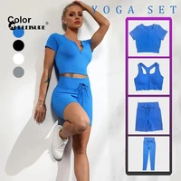 chrleisure zipper yoga set seamless drawstring sports suit women workout ribbed gym fitness u shaped 24 pcs sportswear