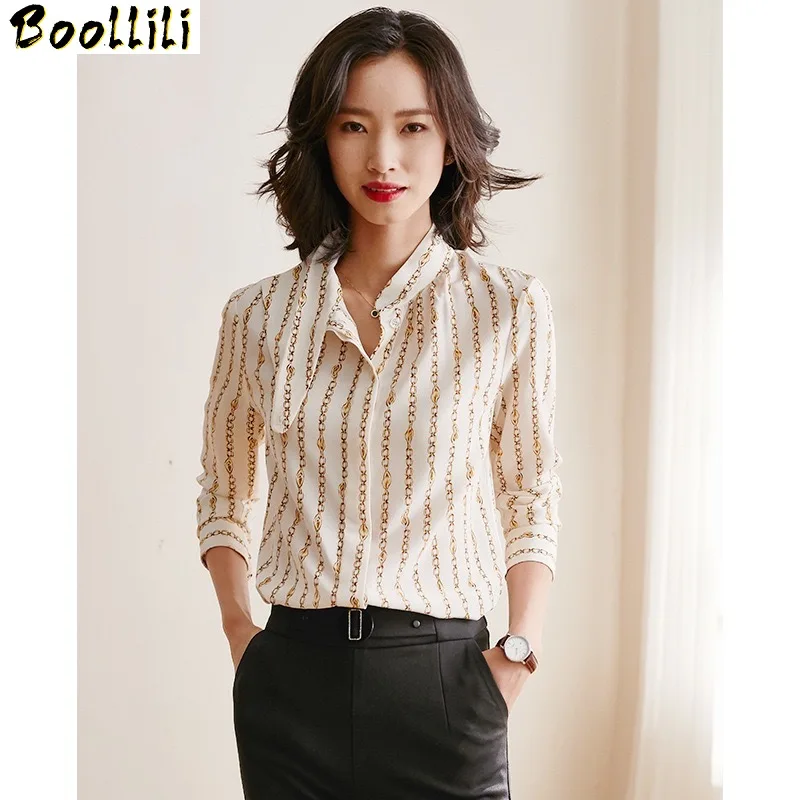 Boollili Real Silk Shirt Women Korean Spring Autumn Print Office Lady vintage Women Blouses 2020 Blusas Mujer De Moda