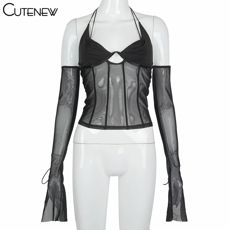 

Cutenew Mesh Patchwork Off-Shoulder Halter Women Sling T-shirt Sexy See Through Lace Up Flare Sleeve Backless Club Party Clothes