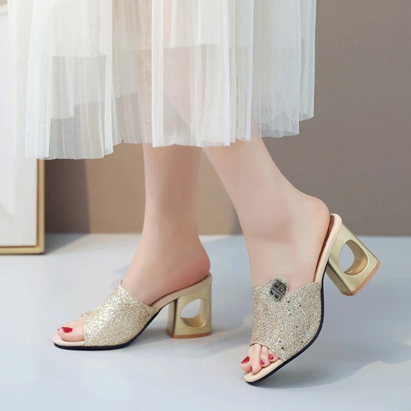 

2021 Summer New Sequin Slippers Hollow Thick Heels High Heels Women's Sandals-C20-08