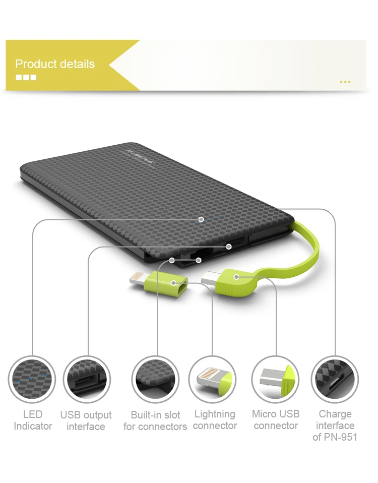 Оригинальный Pineng power Bank 10000mAh PN 952 951 внешний аккумулятор bank 5V 2.1A USB выход для IOS Android