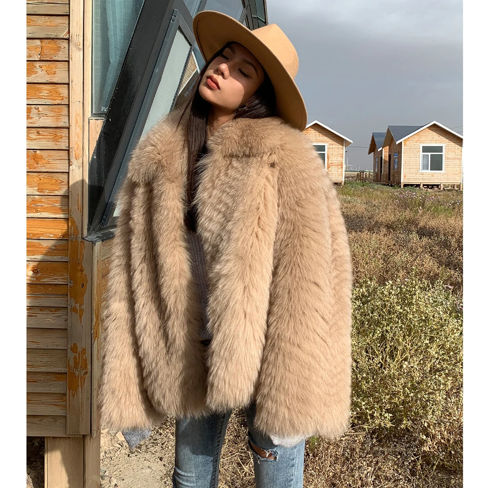 2022 New Women Real Fox Fur Jacket With Lapel Collar Genuine Leather Natural Fox Fur Coat Winter Fashion Thick Warm Fur Overcoat
