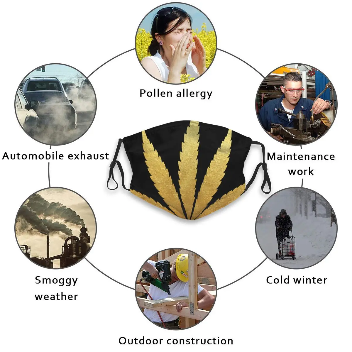 

Golden Glitter Foil Cannabis Leaf Silhouette Mouth Mask Reusable Dust Face Masks Replaceable Filter Waterproof Mask