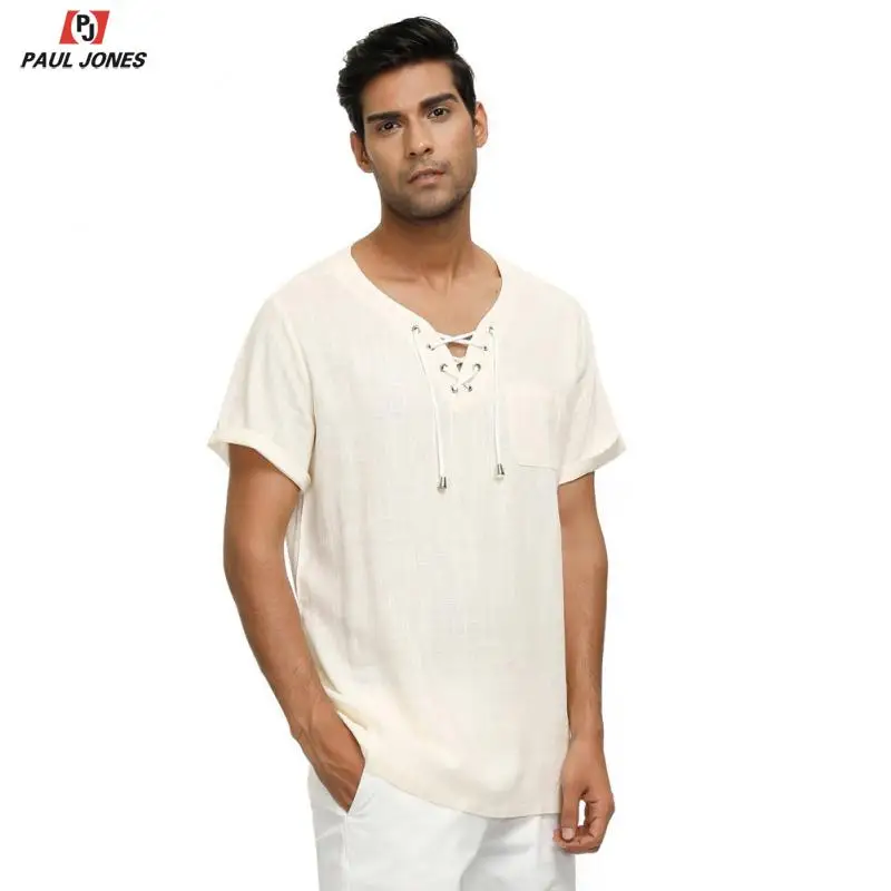 Мужская рубашка из вискозы и льна на шнуровке PAUL JONES стильные летние пляжные