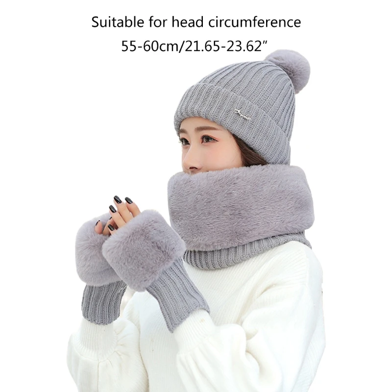 

Women Winter 3 Pieces Beanie Hat Infinity Circle Scarf Fingerless Gloves Set Solid Color Crochet Knit Plush Lined Pompom