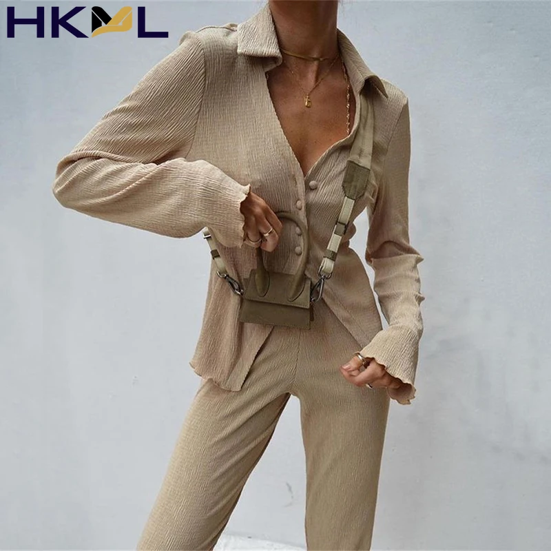 

Fashion Street Suits Women Sexy V Neck Lace Lapel Cardigan Shirt And Loose Flared Pants Solid Elegant Commuter 2 Piece Set