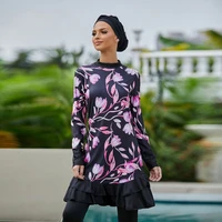 women muslim modest swimsuit with hijab long sleeve floral print full covered islamic swimwear conservative bathing suit