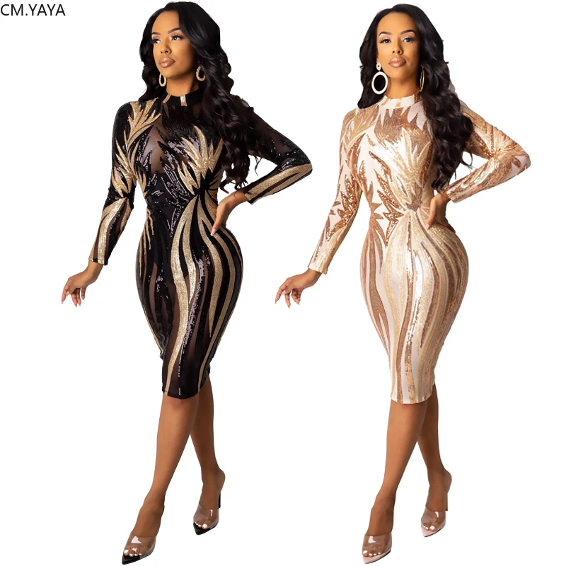 

FAKUNTN Women Fall Winter Long Sleeve O Neck Bodycon Sequined Sexy Fashion Night Club Party Bandage Midi Dresses Vestidos CY8201