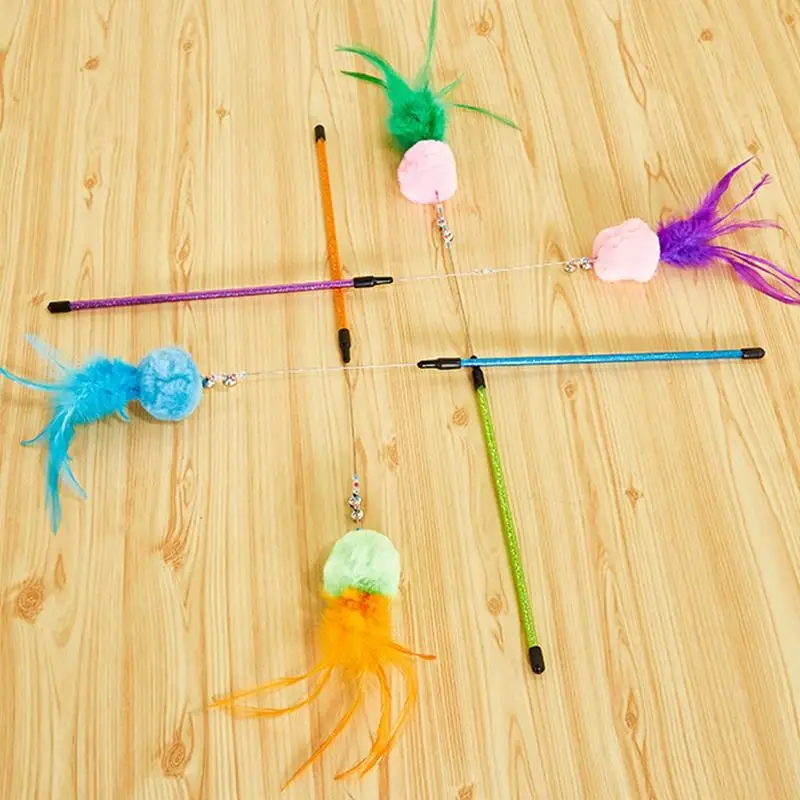 

Cat Toy Wand Ball Plush Faux Feather Cat Toy Interactive Kitten Training Play Wand Gatos Teaser Wand With Bell Pet Supplies