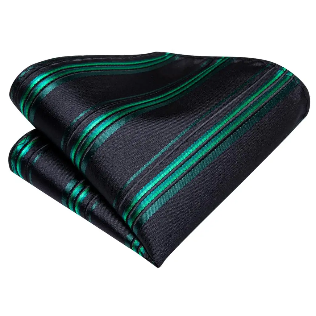 Галстук Hi-Tie Черный Зеленый полосатый Шелковый Свадебный комплект для мужчин