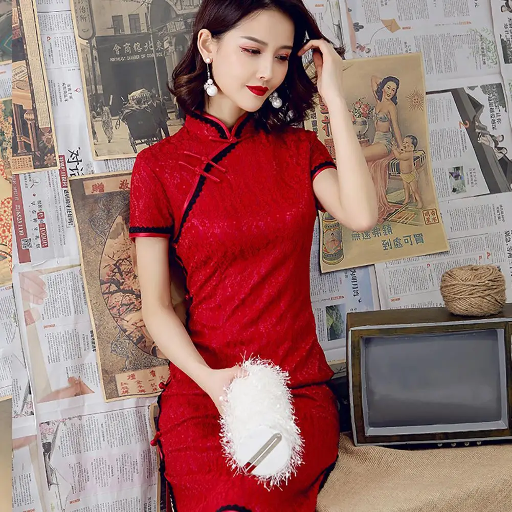 

Women Short Sleeve Lace Slit Hem Chinese Cheongsam Banquet Midi Bodycon Dress sexy vintage women clothing