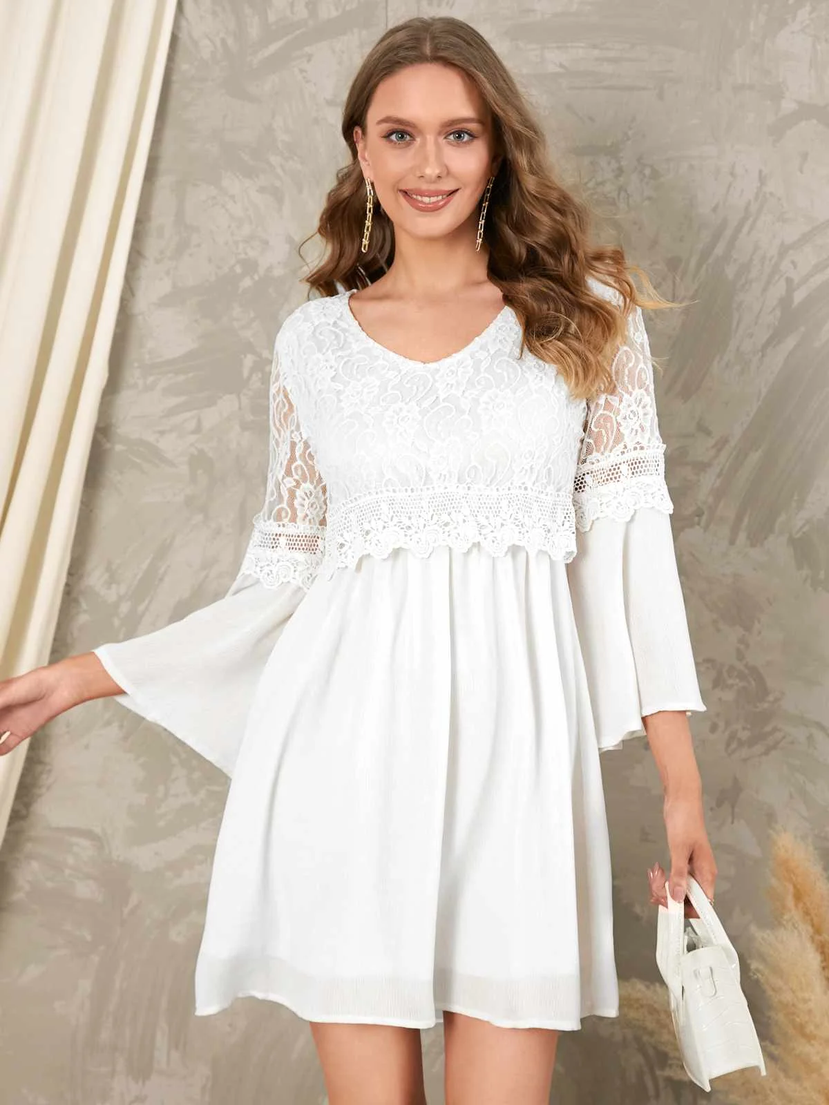 

ZANZEA Women Elegant Lace Stitching V-neck Dress Casual Flare Sleeve A-line Party Mini Vestidos Ladies Vintage Short Robes