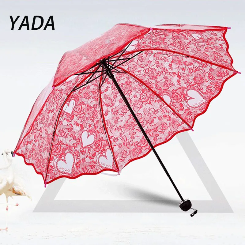 

YADA Transparent Clear Umbrella Three Folding Windproof And Rainproof Umbrellas For Women Transparent Lace Parapluie YD210027