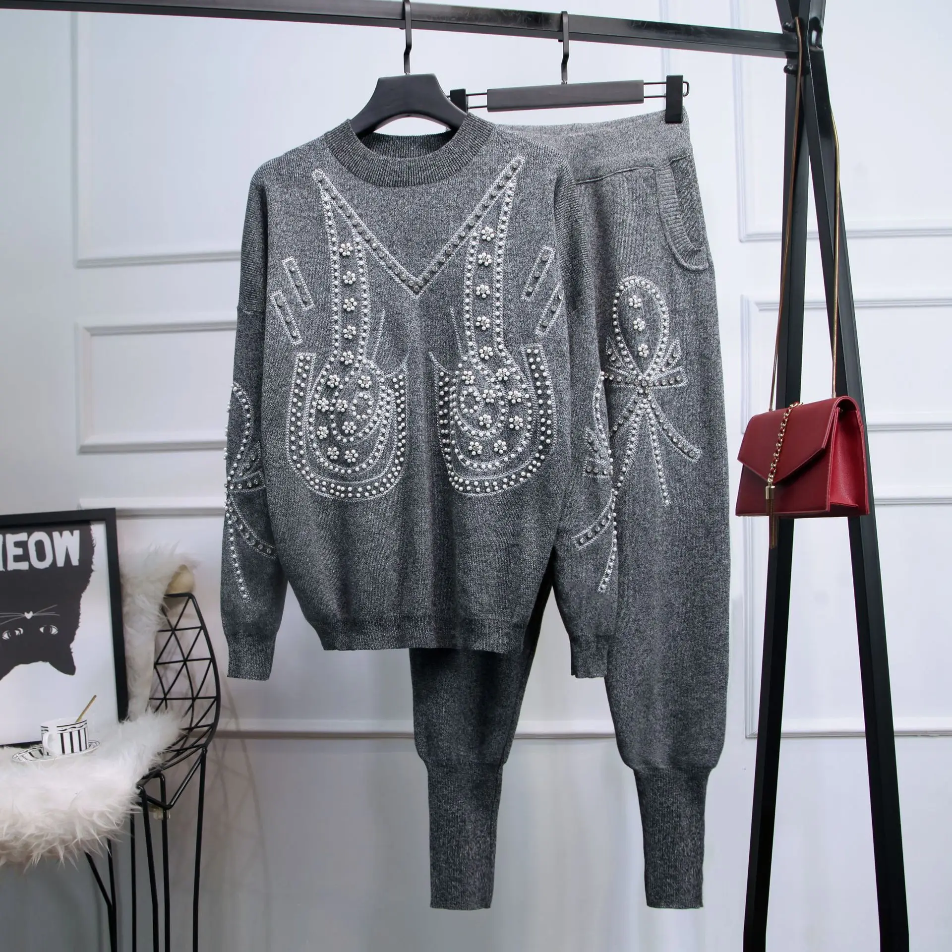 

BabYoung Knitted Suit Autumn New Beaded Loose Sweater Coat Western Style Two-piece Fashion