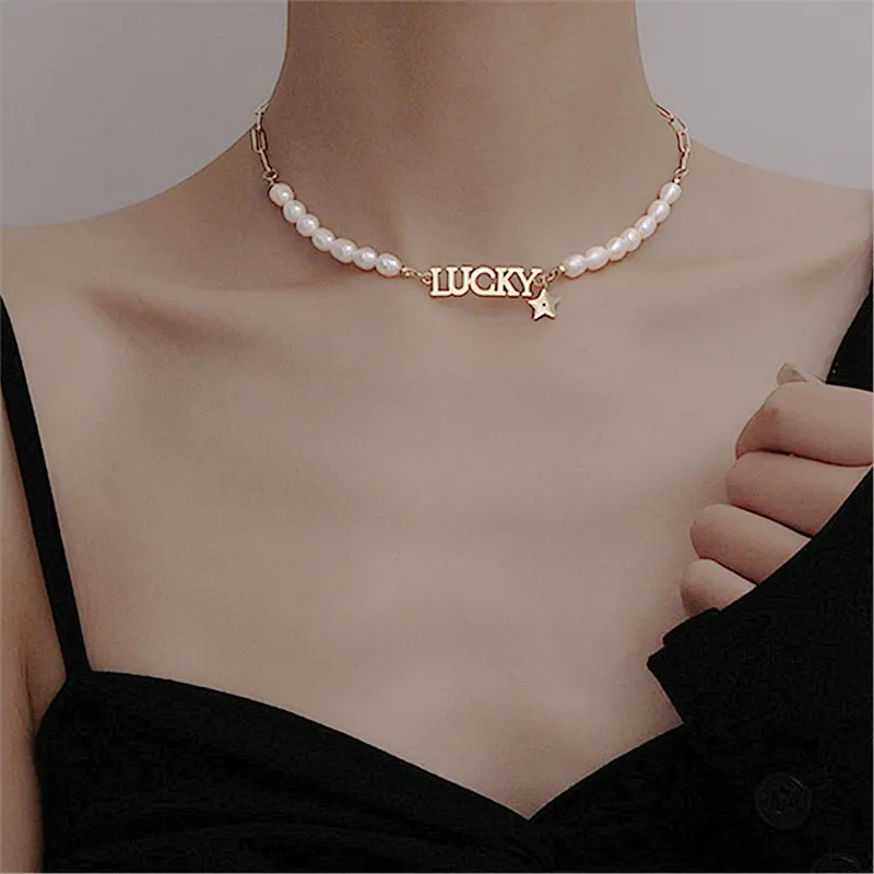 

xiaoboACC Pearl Metal Stitching Necklace for Women Retro Fashion Double Rhinestone Crystal Clavicle Choker Chain