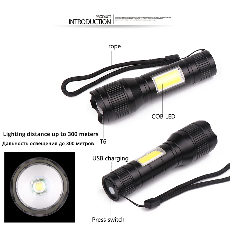Миниатюрный перезаряжаемый светодиодный фонарик с USB T6 LED + COB 3 режима освещения