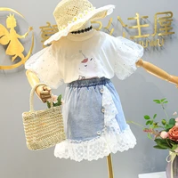 2021 summer girls cartoon puff sleeve top and lace stitching denim skirt two piece suit toddler girl summer clothes 2021