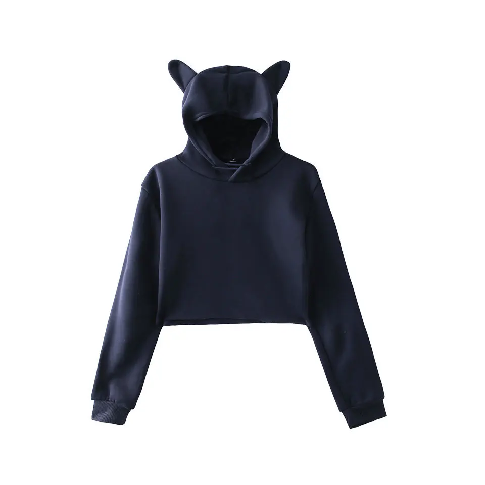 

NEW Cute Womens Sweatshirts Hoodie Crop Tops Solid Cat Ear Long Sleeve Cropped Sweatshirt Hooded Pullover