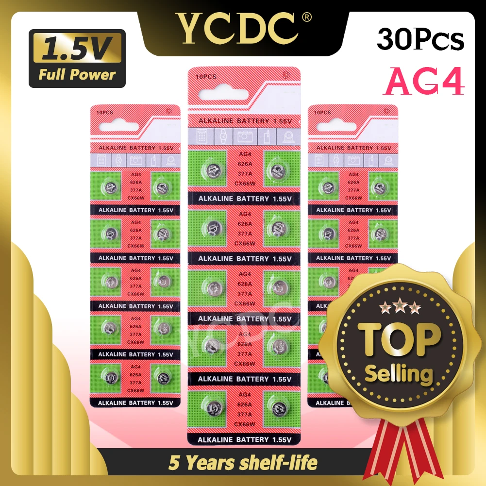 

YCDC 30Pcs AG4 GA4 SR626 376 377 565 D377 LR626 LR66 SR66 Button Cell Coin Battery Single Use 1.55V Alkaline Battery for Remote