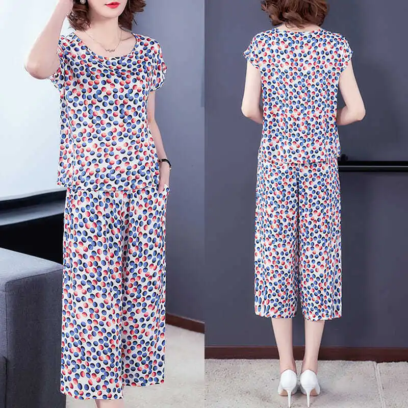 

Middle-aged Women 2 Piece Set Summer Suits Short Sleeve Print Tops and Casual Pants Suits Female Plus Size Two-piece Sets L417