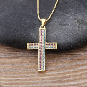 AIBEF New Arrival Cross Style Women Pendant Necklace Colorful Crystal Cubic Zirconia Chain Charm Jewelry for Birthday Party Gift