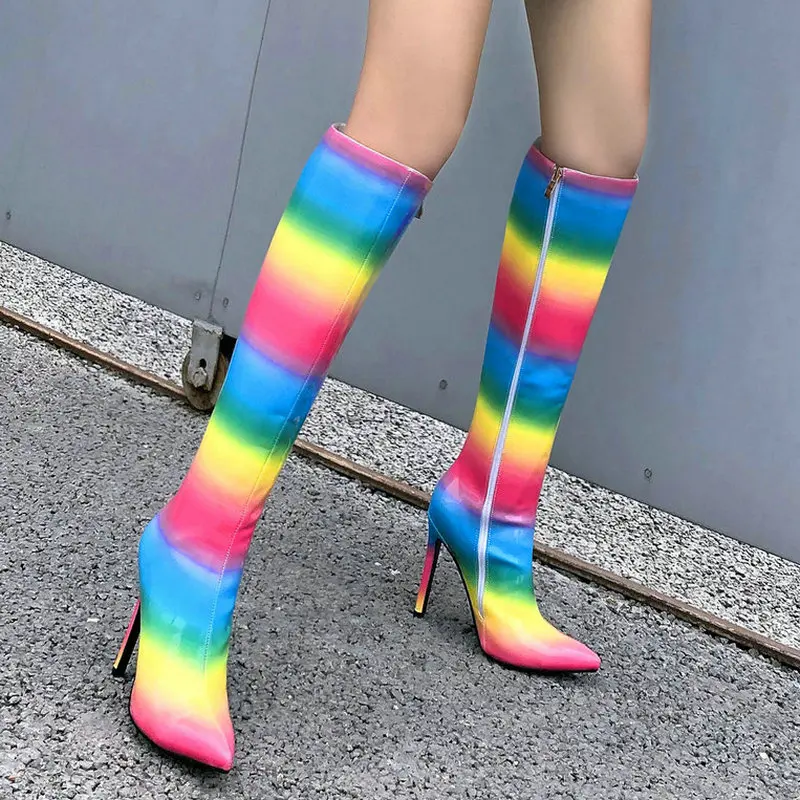 

Fashion Candy Colors Thin High Heel Knee High Boots Women Zipper Sexy Long Boots Ladies Pointed Toe Autumn Winter Boots