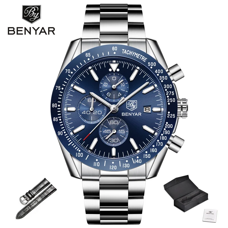 Blue Strap BENYAR мужские часы Топ Бренд роскошные часы мужские военные часы кварцевые хронограф бизнес часы ремешок Relogio Masculino - Цвет: Blue Strap