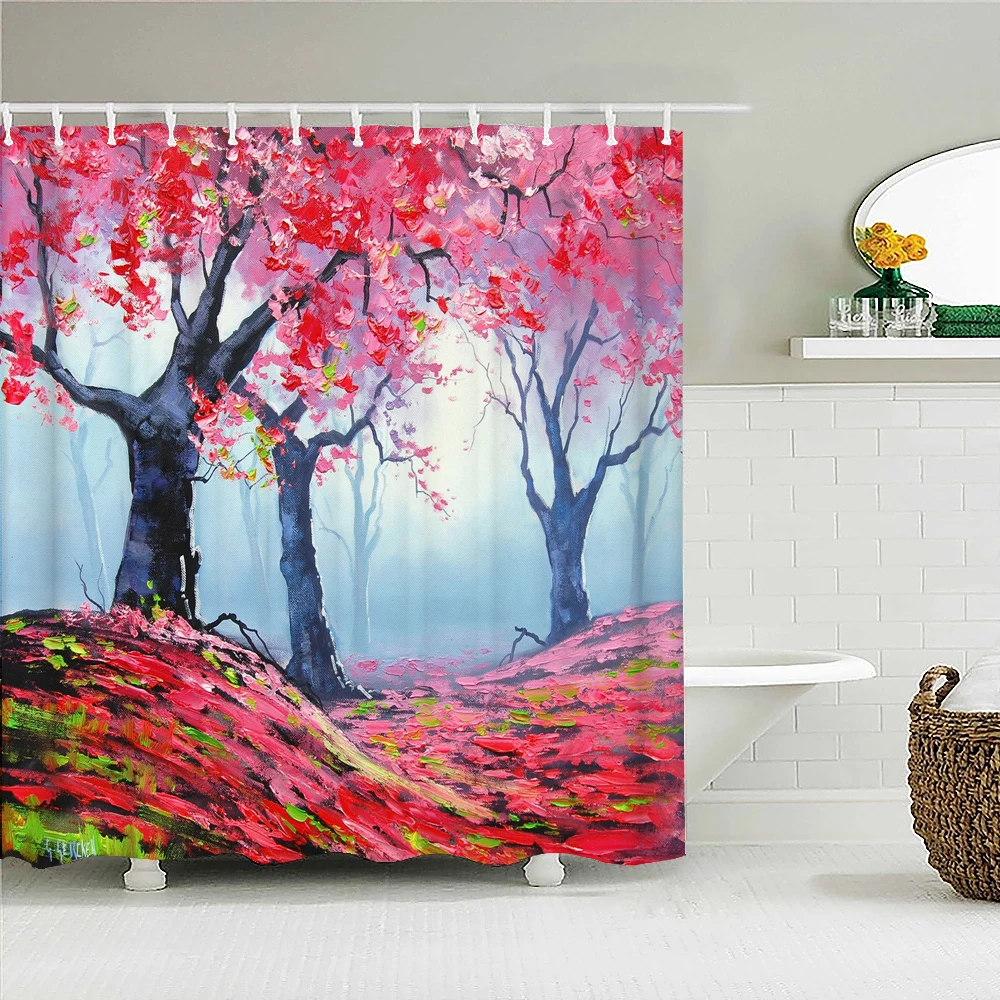 

High Quality Oil painting landscape Fabric Shower Curtain Waterproof Forest Trees Bath Curtains for Bathroom Decor with Hooks