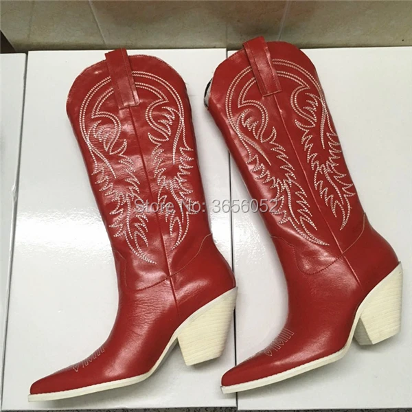Qianruiti Black White Blue Red Embroidered Leather Botines Mujer 2019 Autumn Winter Shoes Women Western Cowboy Long Riding Boots | Обувь