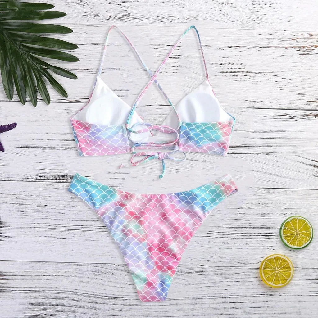 JAYCOSIN Gradient Color Strap Swimwear Women Split Bikini Swimsuit Suit Beach Bath Fish Scale Print Fashion Sweet Simple | Женская