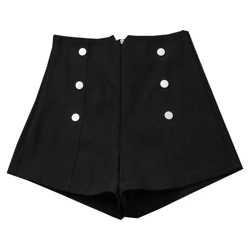 

Spring Summer Mini Shorts Women Elastic A-Line High Waist Shorts Female Casual Button Black Wide Leg Woman Shorts Solid Q2660