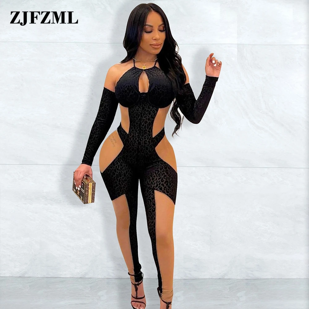 

Elegant Sexy Mesh Leopard Transparent Skinny Romper Women Off The Shoulder Backless Party Jumpsuit Sexy Full Sleeve Club Outfits