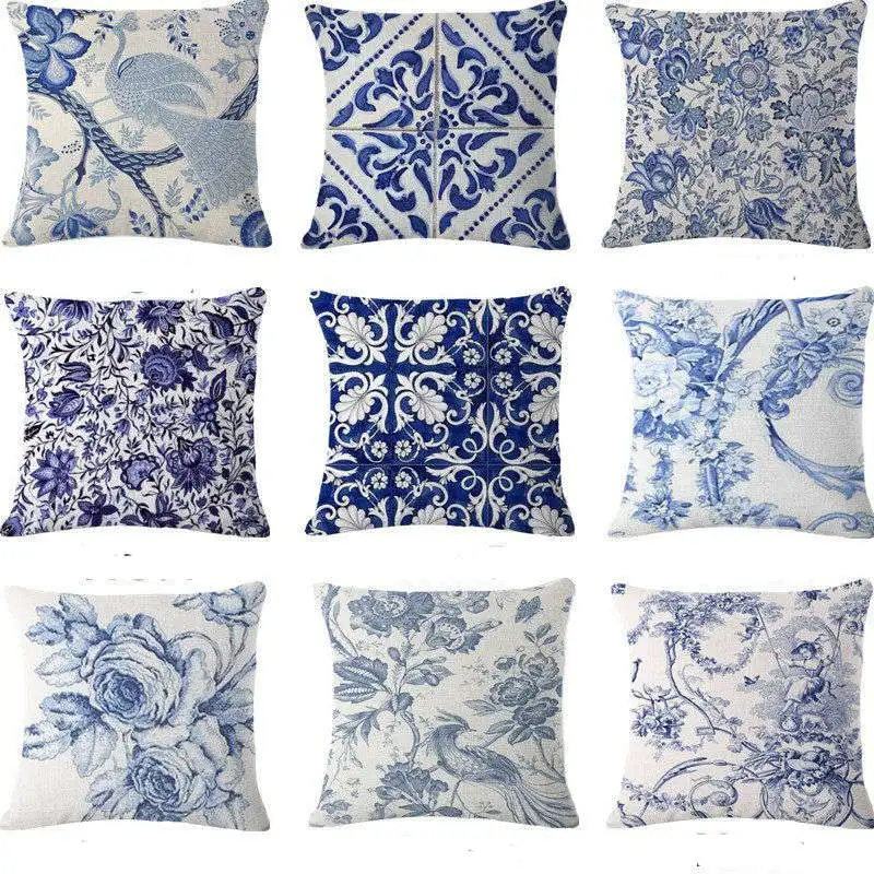 

Vintage Blue Flower Cotton Linen Pillow Case Chinese Style Pillow Cover Bird Girl Pattern Cushion Cover for Home Decor 45*45 CM