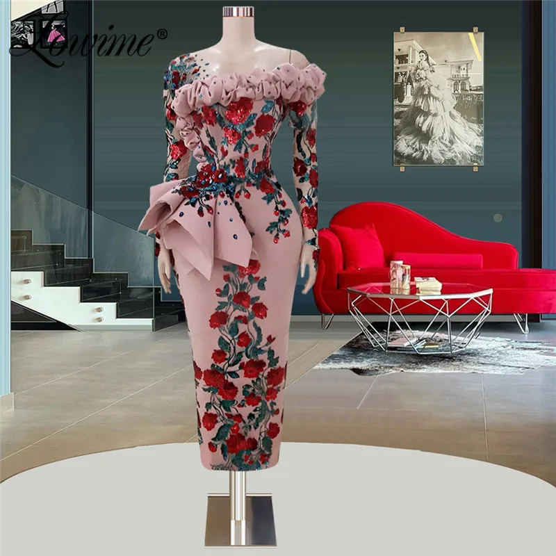 

Pink Ankle Length Evening Dresses 2021 Long Sleeves Sequin Dubai Women Formal Gowns Party Celebrity Dresses Custom Made Robes