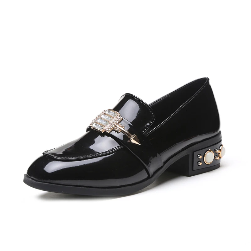 Pearls Small leather shoes woman glitter crystal square toe flats loafers designer studs thick heels oxfords slip on derby | Обувь