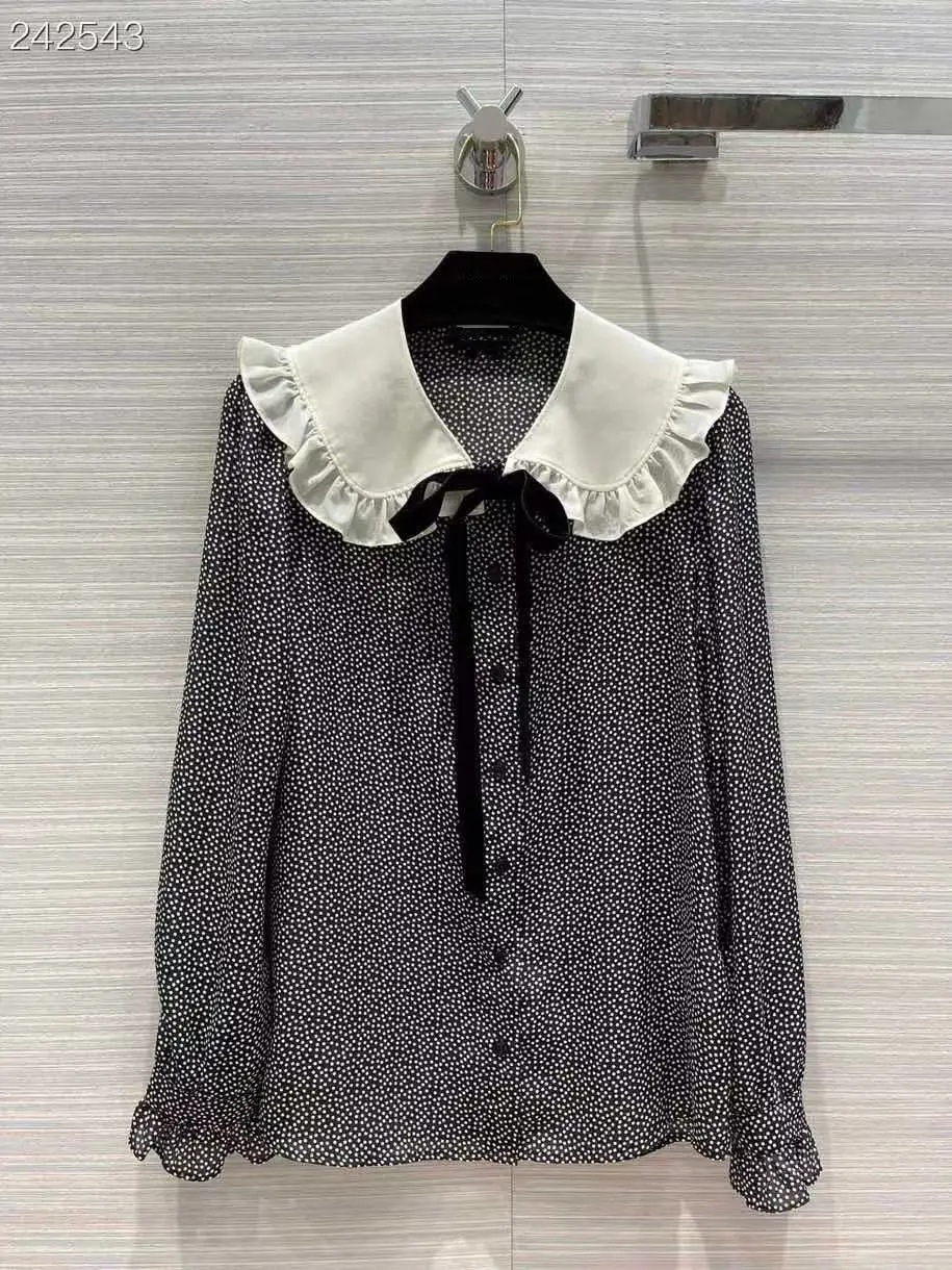 

Luxury 100% TWILL SILK Shirts 2021 Autumn Runway Fashion Dot Print Office Single Breasted Ladies Party Elegant Women Blouse