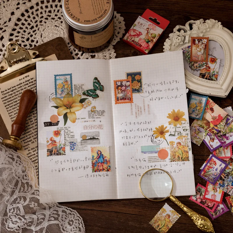 

46 PCS Self-adhesive Paper Aesthetic Botanical Flower Postage Stamp Stickers for Scrapbooking Envelopes Journal Diary