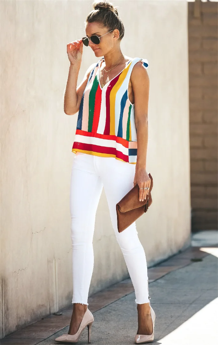 

2021 Sexy halter belt European and American women's dress top V collar stripe loose vest top