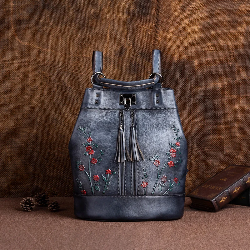 

Backpack large capacity fashion head leather bucket vegetable tanned leather backpack color wiping portable slant span bag