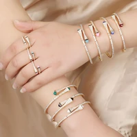 2021 new romatic womens fashion 2 pcs bracelet ring set caolorful stone simple design gold open cuff bangle ring jewelry set
