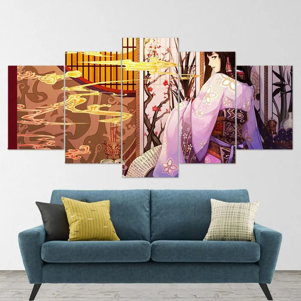 

5 Piece Wall Art Canvas Anime Manga Figure Samurai Kimono Girl Posters And Prints Modern Home Living Room Decoration Painting