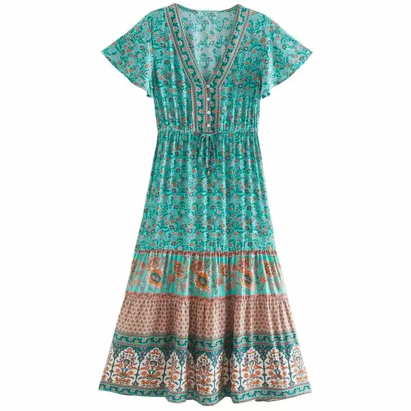 BOHO turquoise women summer green dress flare sleeve long buttons front hippie chic new beach party wear | Женская одежда