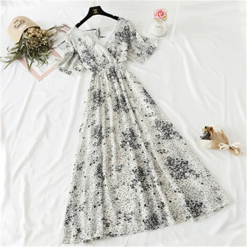 

Women Ruffle sleeve Ruffles V-neck Chiffon summer Dress 2020 Short sleeve Floral print long dress Slim High Waist Vestidos 196