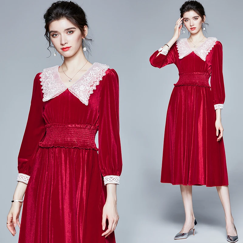 

ZUOMAN Women Winter Elegant Velevt Dress Festa High Quality Long Red Party Robe Femme Lantern Sleeve Designer Vintage Vestidos