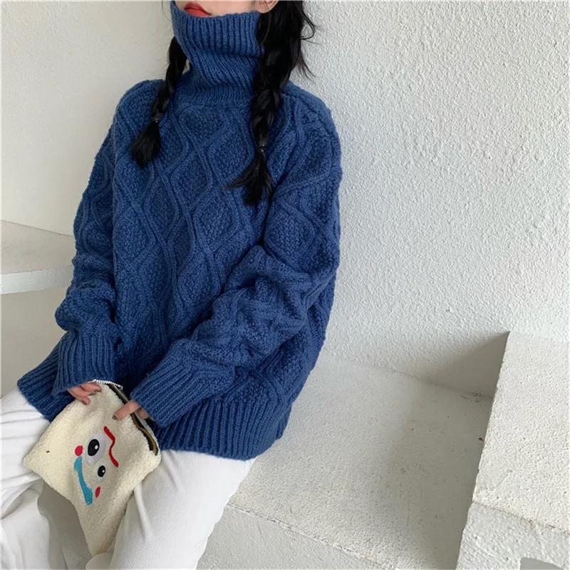 Shop1314 винтажный свитер с воротником-хомутом и ромбовидным узором, Женский Повседневный свободный Зимний пуловер с длинным рукавом, женский толстый джемпер, топы