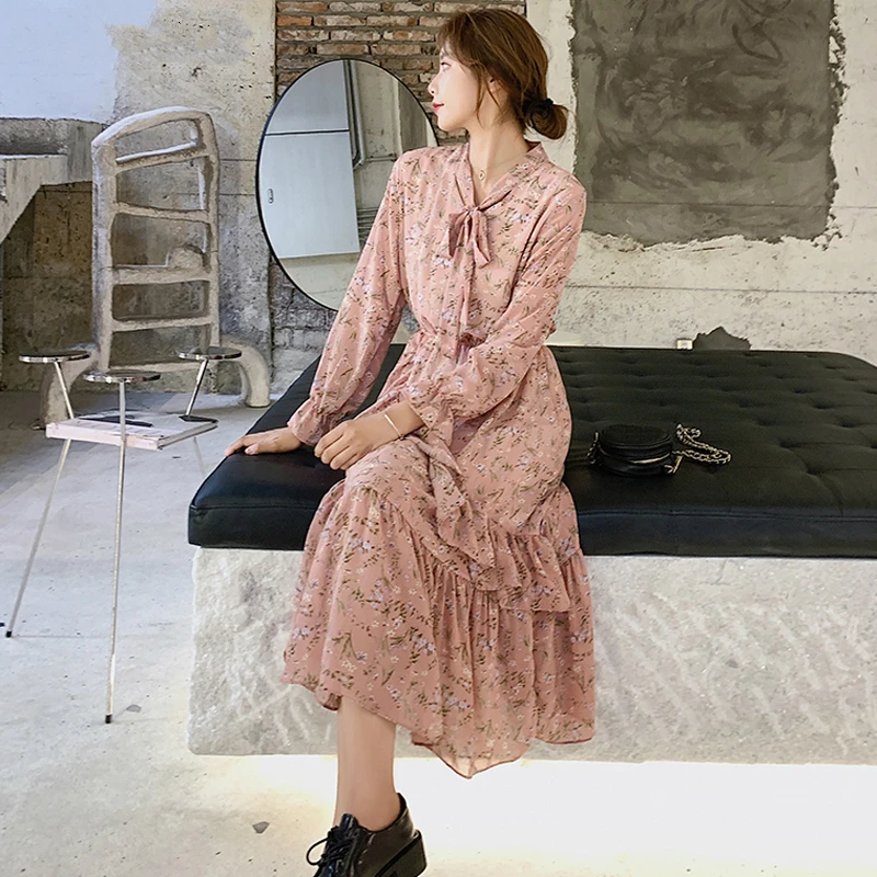 Mozuleva Floral Print Chiffon Women Dress Lace Up Collar Irregular Ruffles Female Long Vintage Flare Sleeve A-line Vestido | Женская