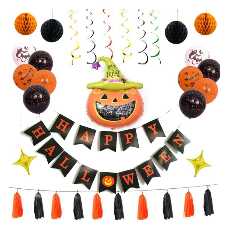 

AVEBIEN Halloween Pumpkin Ghost Aluminium Balloon set ktv Bar Mall Decoration Honeycomb Fringe Letter flag Set Emulsion Balloon