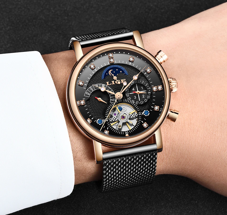 Бренд lige Tourbillon модные часы в деловом стиле автоматические механические часы мужские повседневные Водонепроницаемые кожаные часы Relogio Masculino