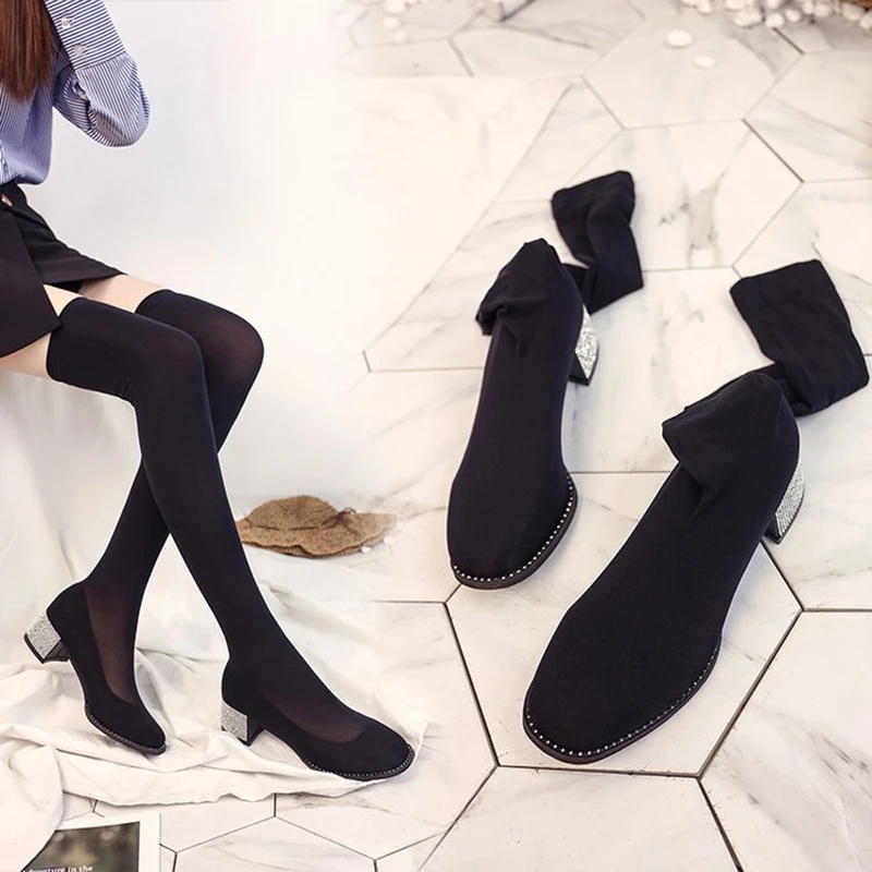 Блестящие длинные чулки со стразами для девочек сапоги женские тянущиеся