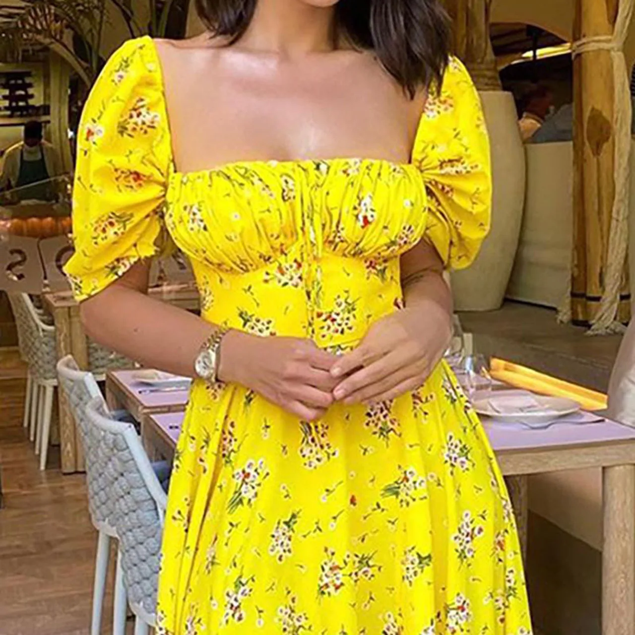 

Женское винтажное платье с цветочным принтом, повседневное длинное праздничное платье с квадратным вырезом и пышными рукавами, лето 2021